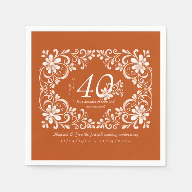 Burnt Orange Shabby Chic 40 Anniversary Napkin (Front)