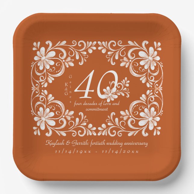 Burnt Orange Shabby Chic 40 Anniversary Plate (Front)