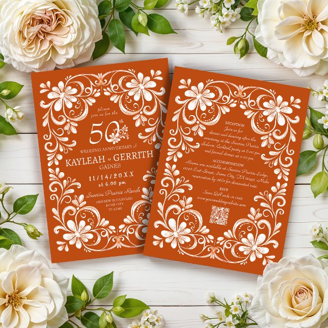 Burnt Orange Shabby Chic QR Anniversary Invitation (Creator Uploaded)