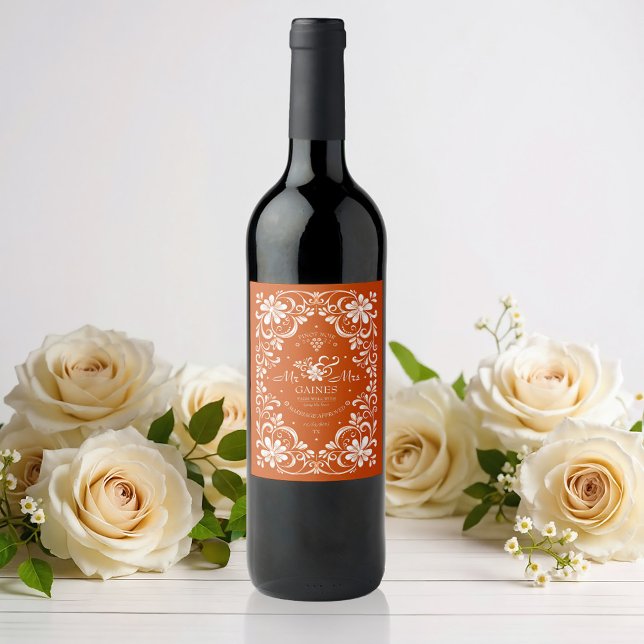 Burnt Orange Shabby Chic Wedding Wine Label (Creator Uploaded)