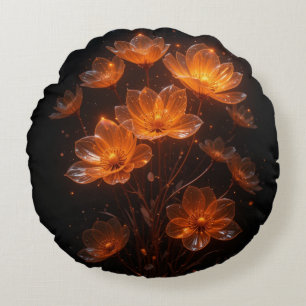 Burnt orange shiny flowers on black background round cushion