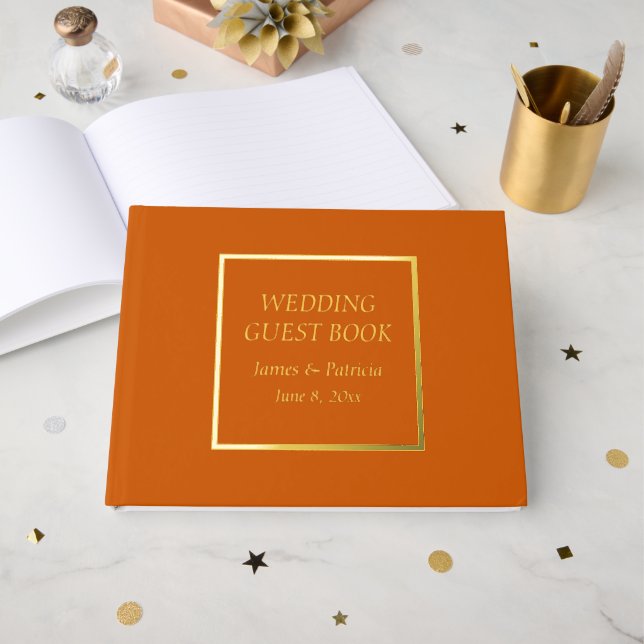 Burnt Orange Simple Stylised Lettering Wedding Guest Book (Front Open)