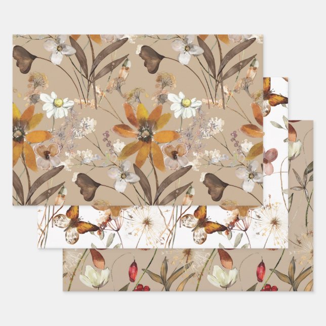 Burnt Orange Simple Wildflower Fall Floral Wrapping Paper Sheet (Set)