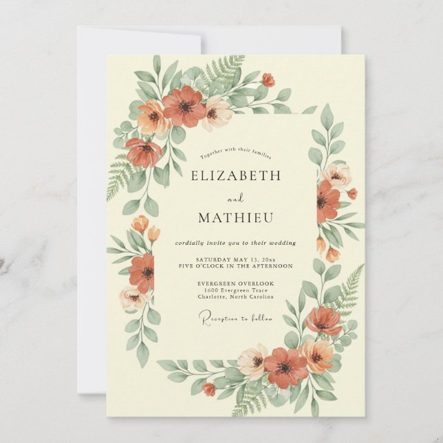 Burnt Orange Soft Botanical Wedding Invitation (Front)