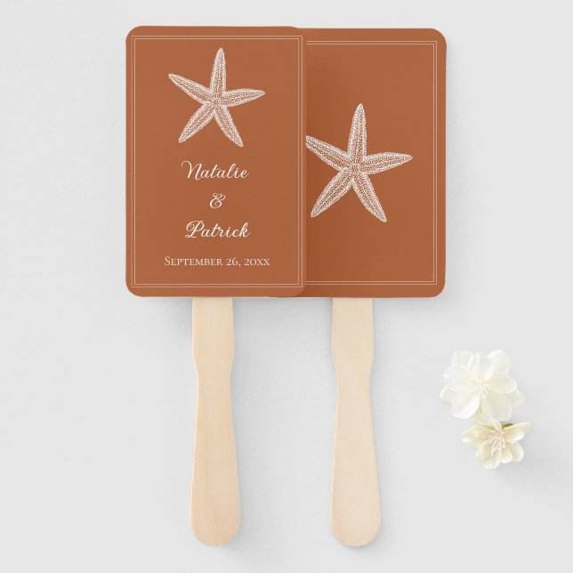 Burnt Orange Starfish Wedding Hand Fans (Front and Back)