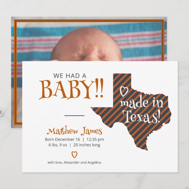 Burnt Orange Striped Made in Texas Photo Baby Announcement (Front/Back)