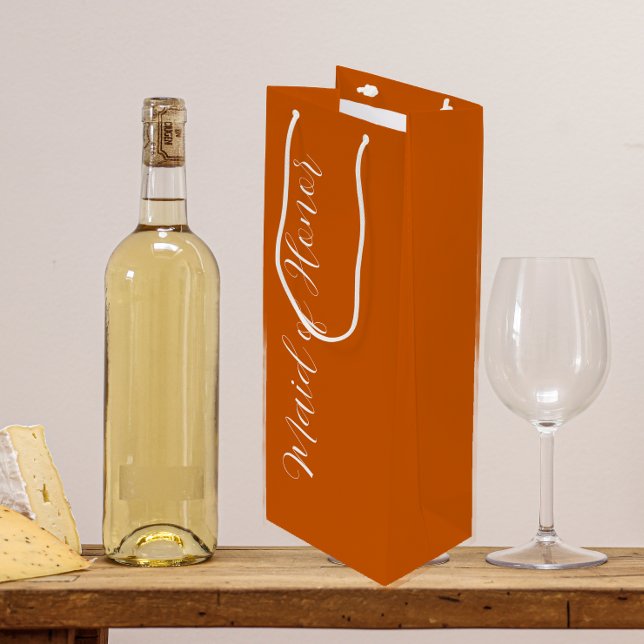 Burnt Orange Stylised Script Maid of Honour Wine Gift Bag (In Situ)