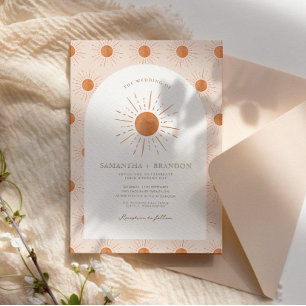Burnt Orange Sun Celestial Boho Wedding Qr Code  Invitation