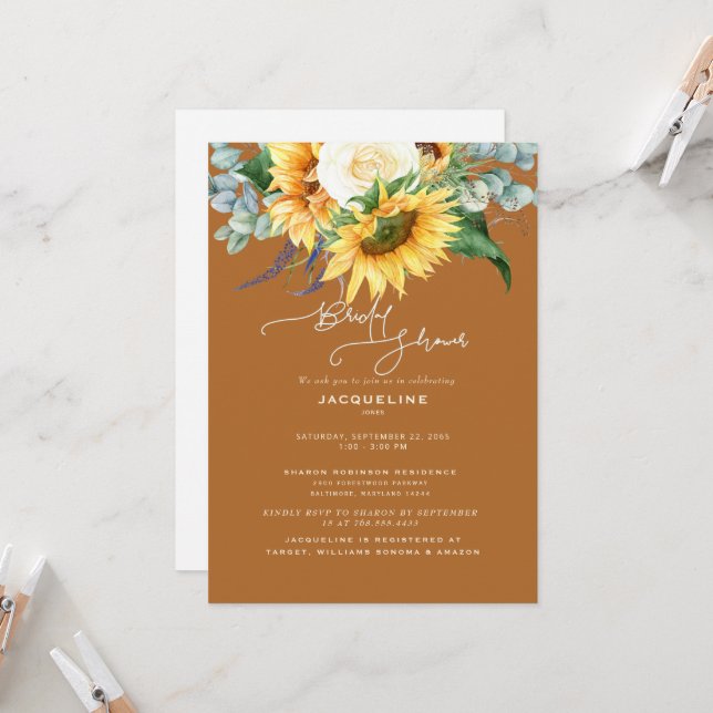 Burnt Orange Sunflower Eucalyptus Bridal Shower Invitation (Front/Back In Situ)