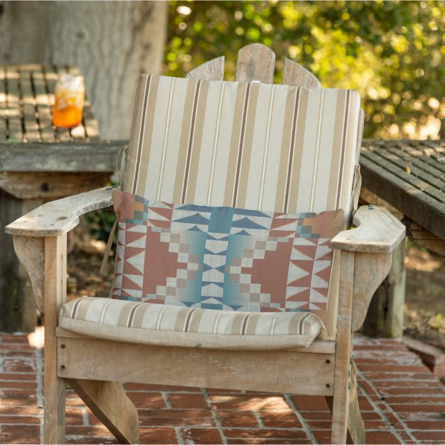 Burnt Orange Taupe Brown Teal Blue Tribal Art Lumbar Cushion (Chair)