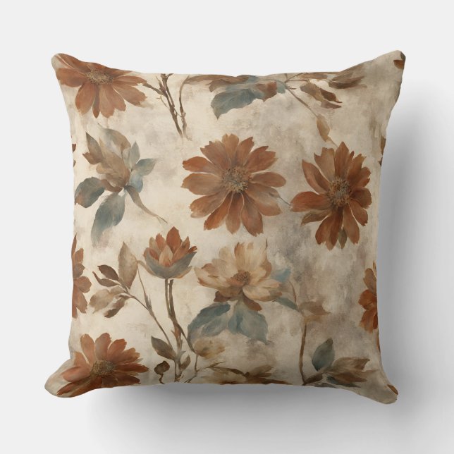 Burnt Orange Teal Brown Floral Cushion (Front)