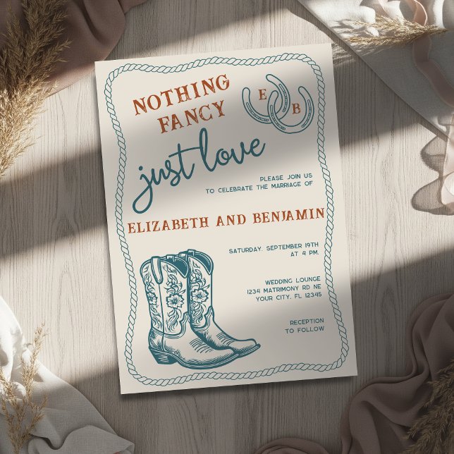 Burnt Orange Teal Cream Western Horseshoe Wedding Invitation (Creator Uploaded)