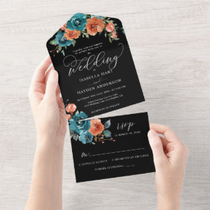 Burnt orange Teal Floral Black Elegant Wedding All In One Invitation