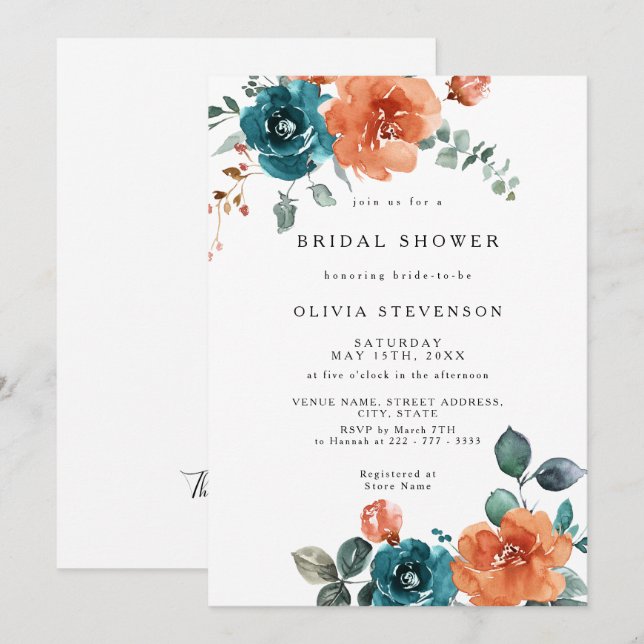 Burnt Orange Teal Floral Bridal Shower Invitation (Front/Back)