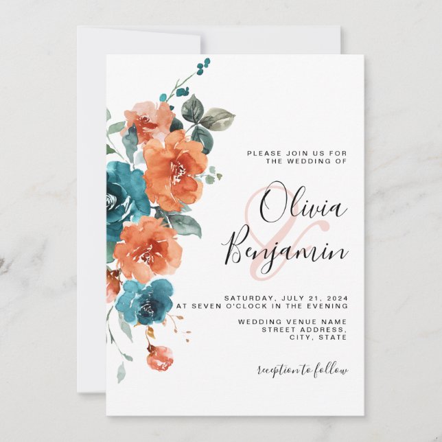Burnt Orange Teal  Floral Elegant Rustic Wedding Invitation (Front)