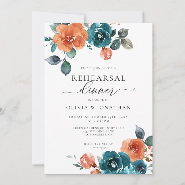 Burnt Orange Teal Floral Fall Rehearsal Dinner Invitation (Front)
