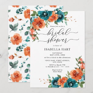 Burnt Orange Teal Floral Rustic Bridal Shower Invitation