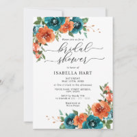 Burnt Orange Teal Floral Watercolor Bridal Shower