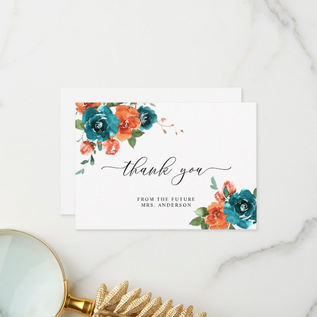 Burnt Orange Teal Floral Watercolor Bridal Shower Thank You Card (Front/Back In Situ)