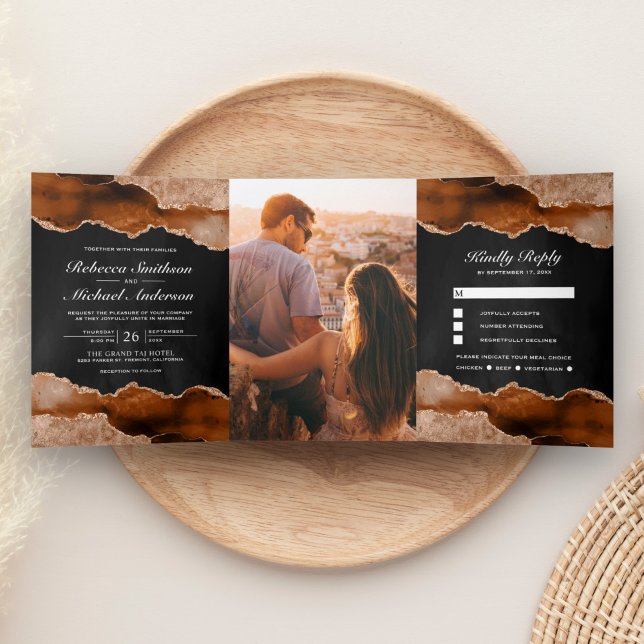 Burnt Orange Terracotta Agate Marble Black Wedding Tri-Fold Invitation (Creator Uploaded)