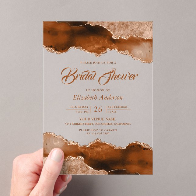 Burnt Orange Terracotta Agate Marble Bridal Shower Acrylic Invitations (Insitu (Handheld))