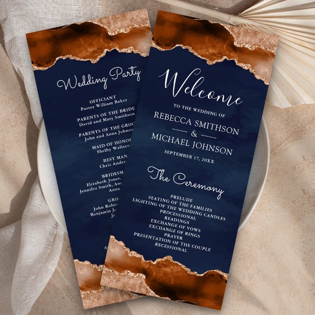 Burnt Orange Terracotta Agate Marble Navy Wedding Programme (Creator Uploaded)