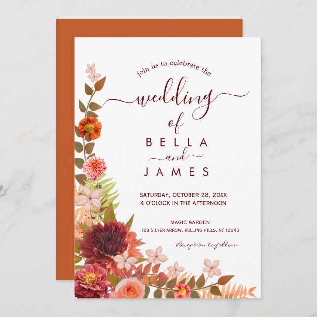 Burnt Orange Terracotta Boho Floral Wedding  Invitation (Front/Back)