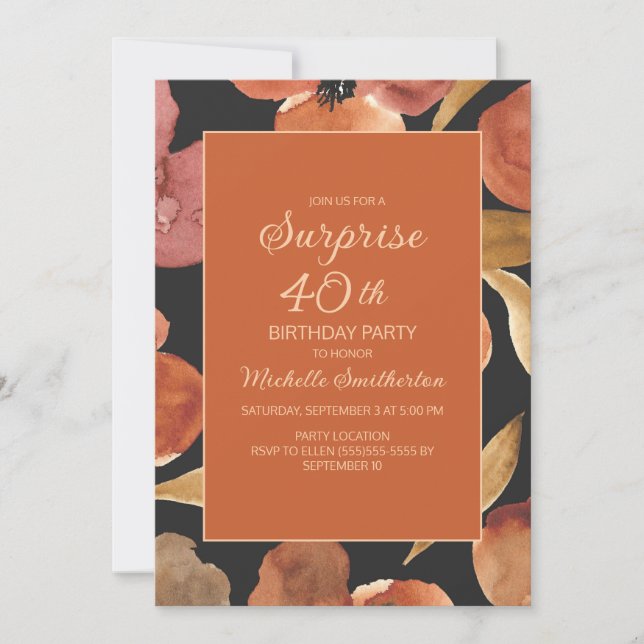 Burnt Orange Terracotta Floral Black Surprise 40th Invitation (Front)