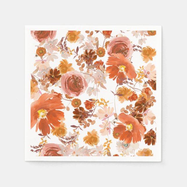 Burnt Orange Terracotta Floral Bouquet Wedding Napkin (Front)