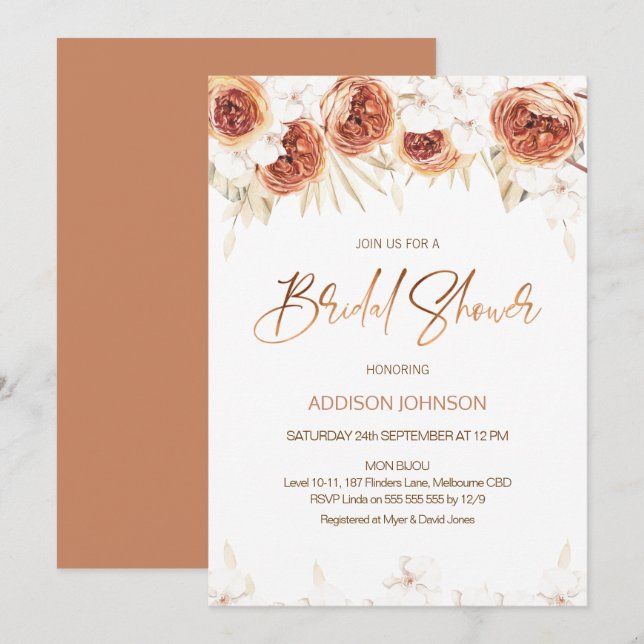 Burnt Orange Terracotta Floral Bridal Shower Invitation (Front/Back)