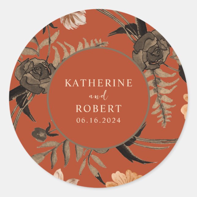 Burnt orange terracotta floral fall wedding  classic round sticker (Front)