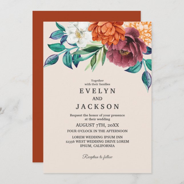 Burnt orange terracotta floral fall wedding  invitation (Front/Back)