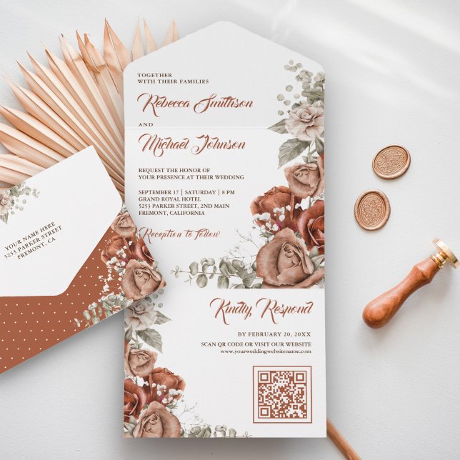 Burnt Orange Terracotta Floral QR Code Wedding All In One Invitation (Creator Uploaded)