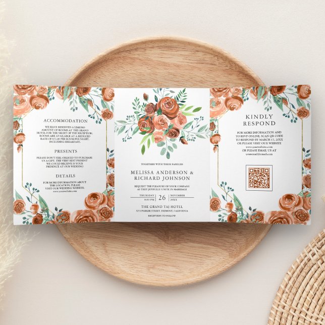 Burnt Orange Terracotta Floral QR Code Wedding Tri-Fold Invitation (Creator Uploaded)