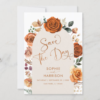 Burnt Orange Terracotta Floral Rust Save The Date Invitation