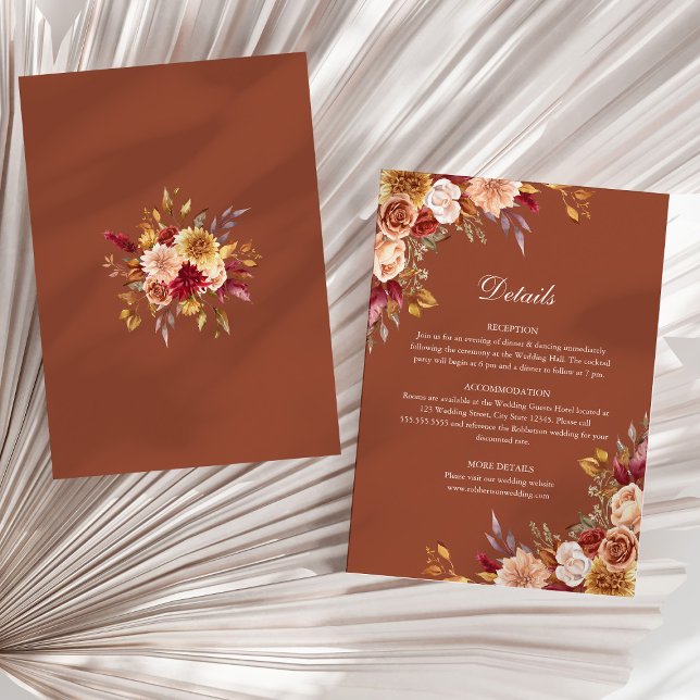 Burnt Orange Terracotta Floral Wedding Details Invitation (Burnt Orange Terracotta Floral Wedding Details Invitation on a sunny neutral dry palm leaf.)