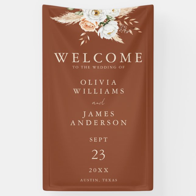 Burnt Orange Terracotta Floral Wedding Welcome Banner (Vertical)