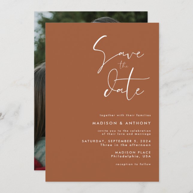 Burnt Orange Terracotta Modern Minimalist Wedding Invitation (Front/Back)