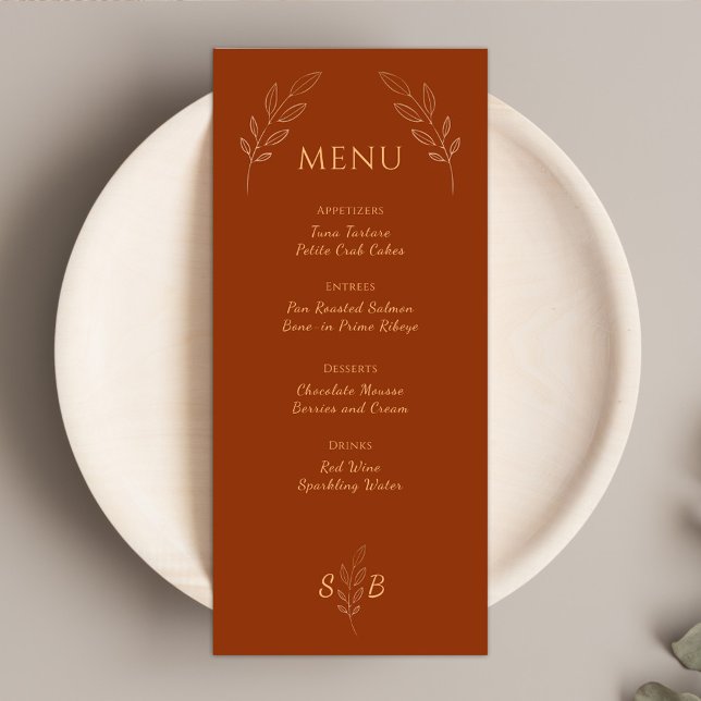 Burnt Orange Terracotta Monogram Boho Wedding Menu (Creator Uploaded)