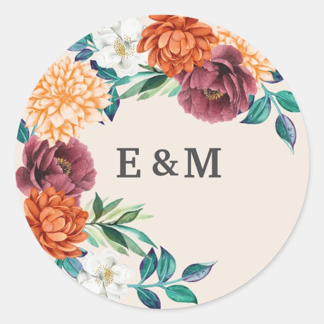 Burnt orange terracotta monogram fall wedding classic round sticker (Front)