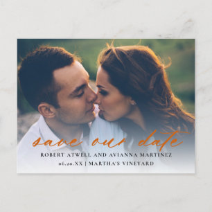  Burnt Orange Text Photo Wedding Save the Date Announcement Postcard