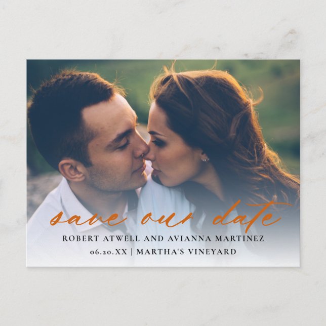  Burnt Orange Text Photo Wedding Save the Date Announcement Postcard (Front)