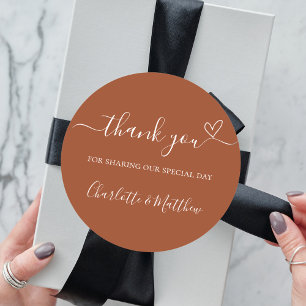 Burnt orange thank you heart wedding classic round sticker
