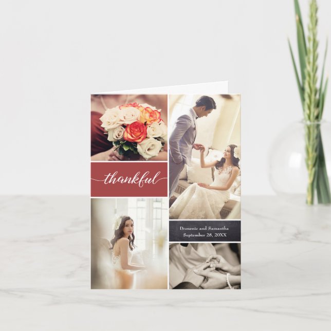 Burnt Orange Thankful Script Custom Photo Wedding Thank You Card (Front)
