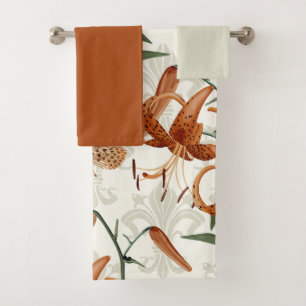 Burnt Orange Tiger Lily Pattern Bath Towel Set