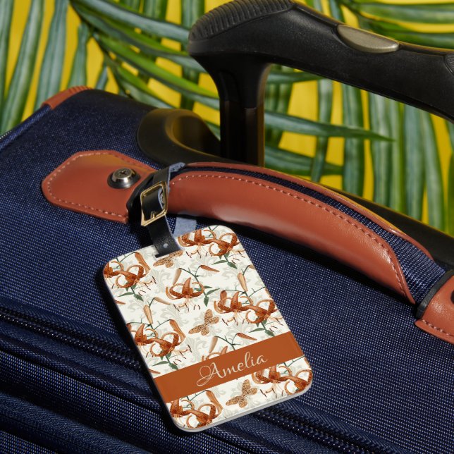 Burnt Orange Tiger Lily Pattern Luggage Tag (Front Insitu 1)