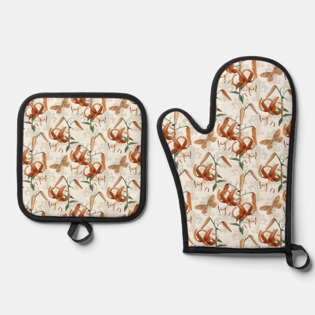 Burnt Orange Tiger Lily Pattern Oven Mitt & Pot Holder Set (Front)