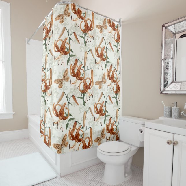 Burnt Orange Tiger Lily Pattern Shower Curtain (In Situ)