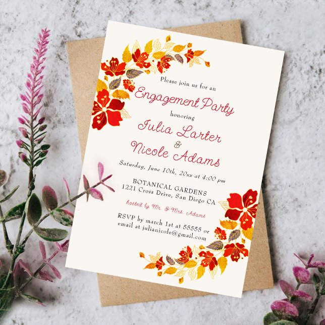 Burnt Orange Tropical Hibiscus Engagement Party Invitation (Creator Uploaded)