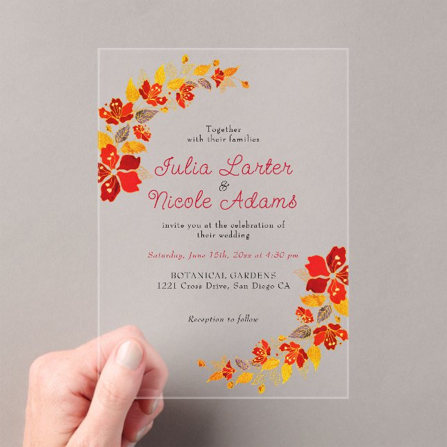 Burnt Orange Tropical Hibiscus Florals Wedding Acrylic Invitations (Insitu (Handheld))